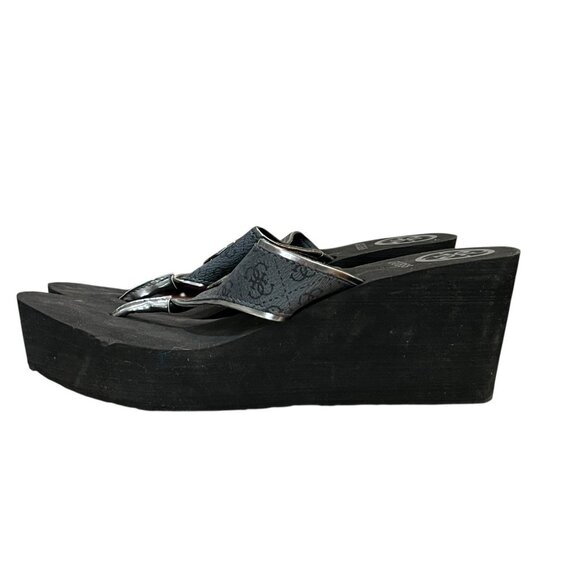 GUESS Sarraly Womens 10 M Eva Black Wedge Slip On Thong Sandals Logo - Picture 2 of 8